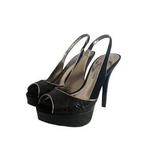 Guess by Marciano Black and Silver Peep Toe Sequin Slingback Heels | Size 7.5